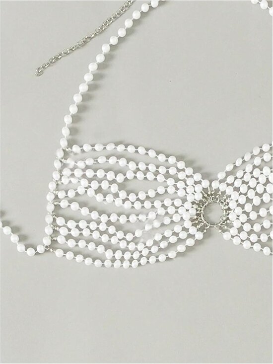 Women's White Pearl Beaded Halter Sleeveless Backless Beach Cover Up Bikini Top - Picture 4 of 6